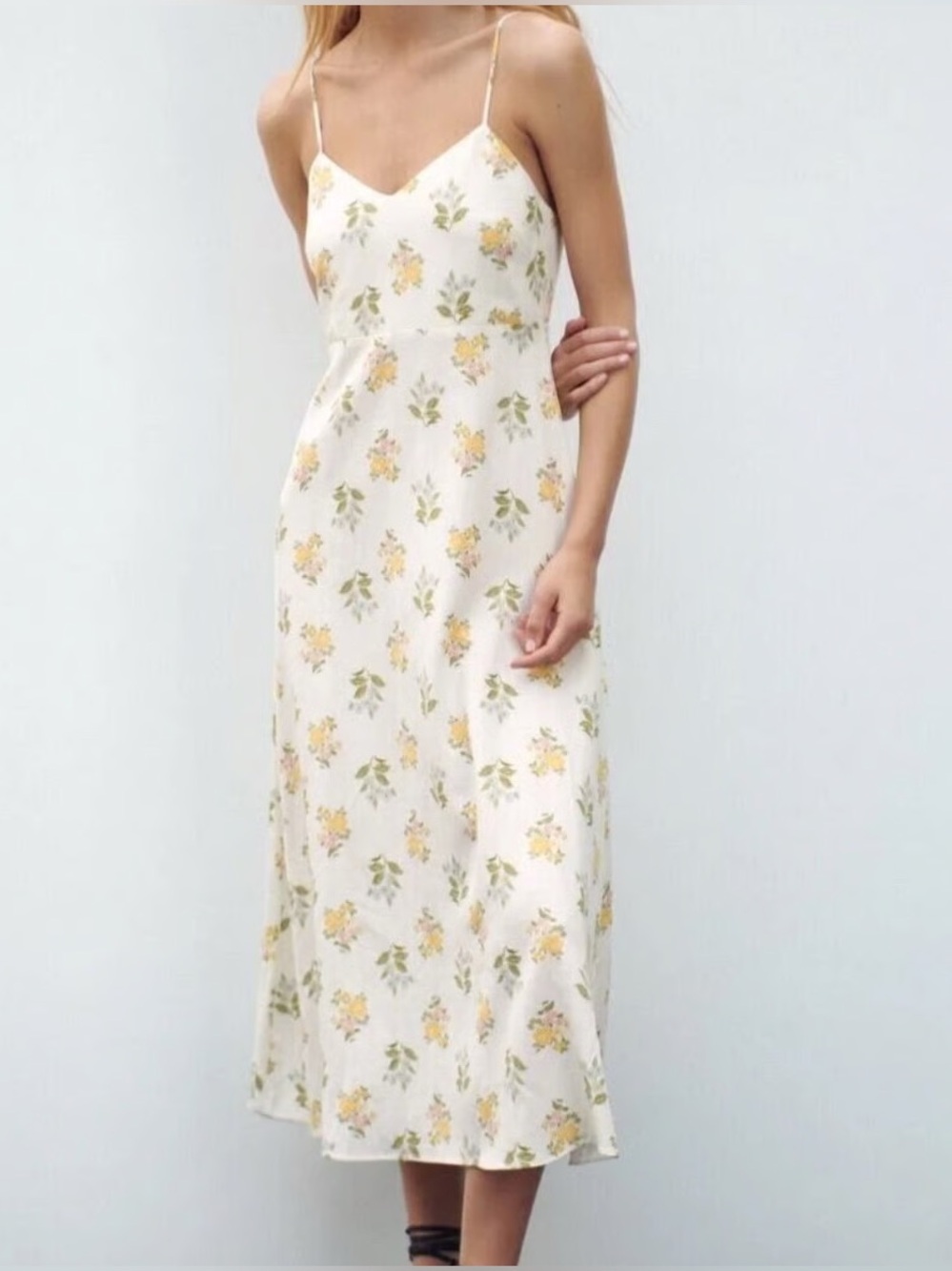 Zara Ivory Floral Print Linen Midi Long Dress Strappy Sweetheart L Cottagecore
